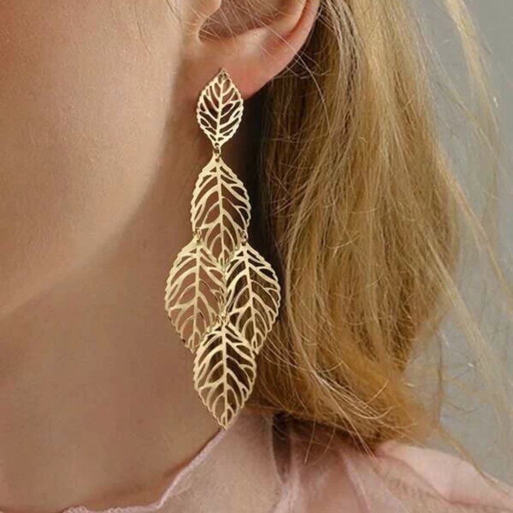 Boho Safari Gold tone Leave Drop Earrings